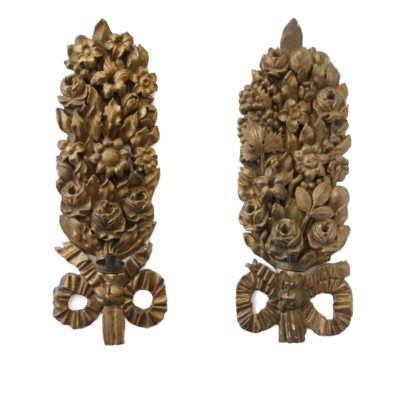 Antiquariato Coppia di candelabri da muro scolpiti e dorati in oro zecchino